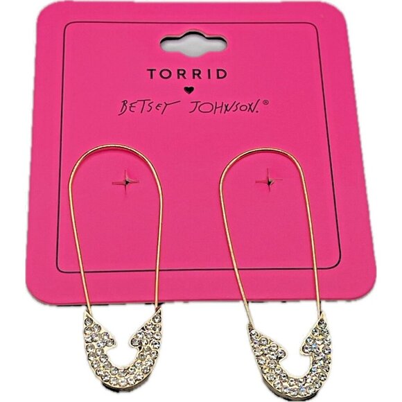 Betsey Johnson Large Safety Pins Pave Detail Gold-Tone Dangle Hook Earrings - Picture 2 of 3
